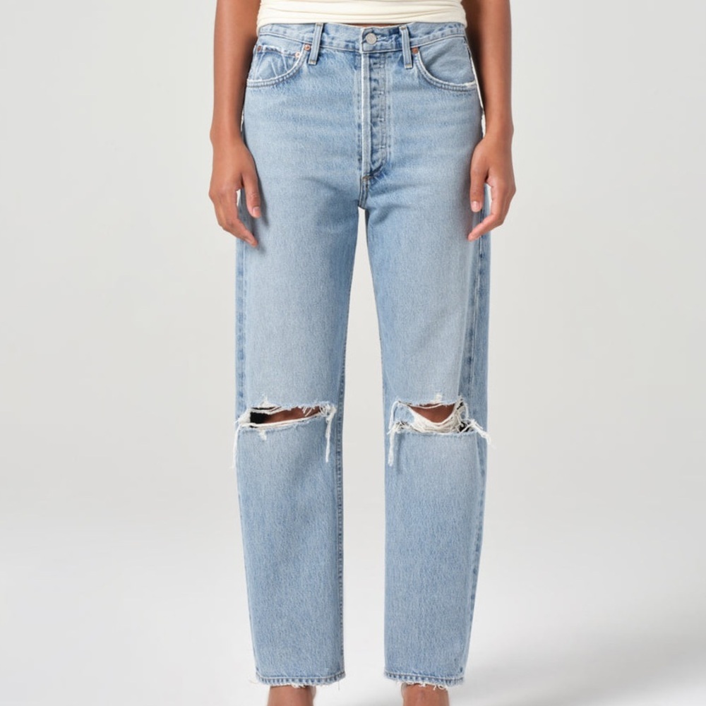 Agolde 90'S Mid Rise Straight Alter Light Wash Denim Ripped Button Fly Jeans 25